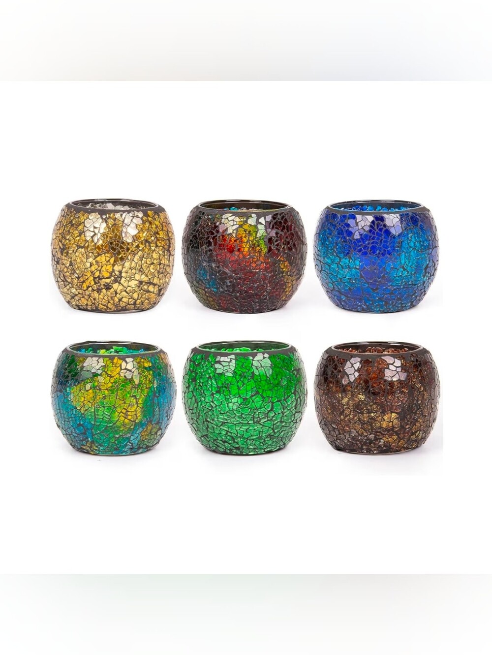 Set of 6 Blue Mosaic Glass Tea Light Holders Round Bowl Votive NIB